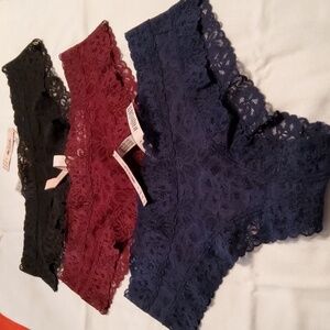 Victoria Secret 3 Lace Panties Cheeky S/P  Black, Navy & Burgundy
